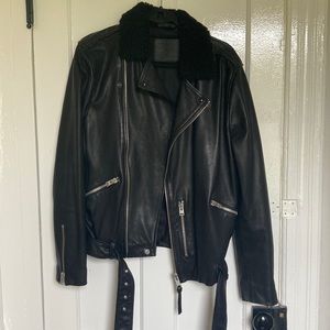 All saints leather jacket with shearling collar